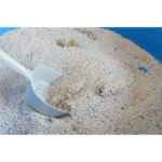 Bentonite cat litter with scoop and colorful beads in blue tray by YoVia Pet Products